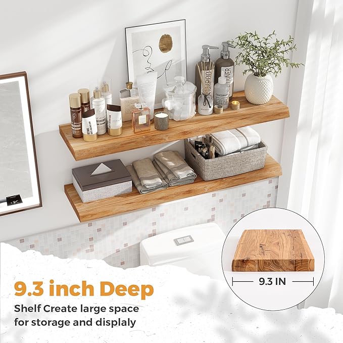 Live Edge Elm Floating Shelves For Wall - 36" W x 9.3" D Rustic Solid Wood Shelves with Invisible Bracket, Wall-Mounted Stora