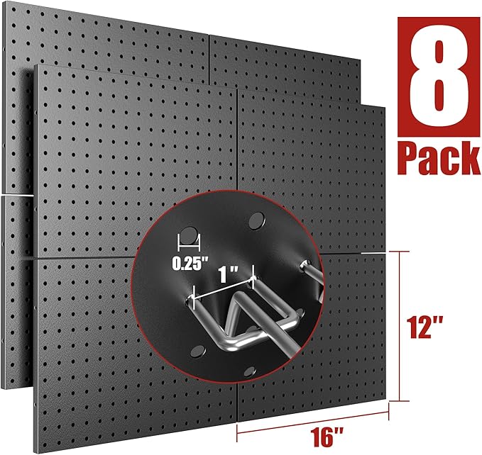 Peg Board 8 Pack Metal Pegboard Panels with 50 Hooks, Heavy Duty Pegboard Wall Organizer, Black Pegboards for Workbench, Gara