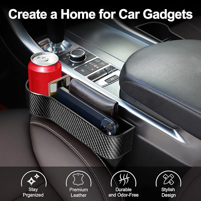 Car Seat Gap Filler, Premium Leather Car Seat Gap Filler Organizer with Cup Holder, Car Seat Organizer with Two Seat Hooks, Can Hold Cell Phone, Keys, Cards, Canned Drinks - 2 Pack, Black