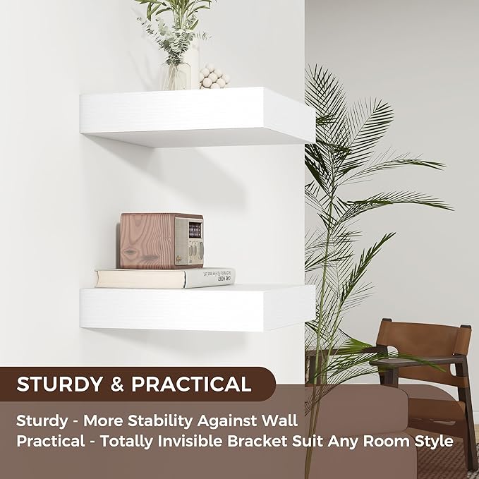 Square Floating Shelves for Wall, 12" W x 12" D x 2" H, 2 Pack of Small Wall Mounted Engineered Wood Shelves with Invisible B