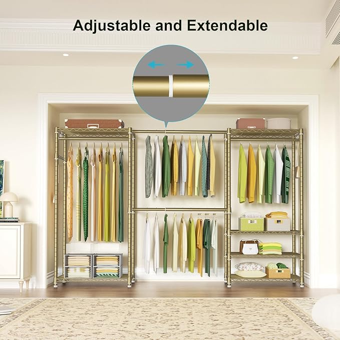 Ulif E1 Heavy Duty Closet Garment Rack, 6 Tiers Adjustable Metal Freestanding Expandable Clothing Storage with 4 Hanger Rods,