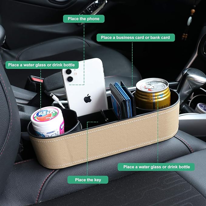 Car Seat Organizer Cup Drink Holders,Multifunctional Gap Filler Storage Box,Insert Organization Helps Reduce Distracted Driving&Holds Phone Mount Mug Bottle Cellphones Coasters Wallet Cards (Beige)