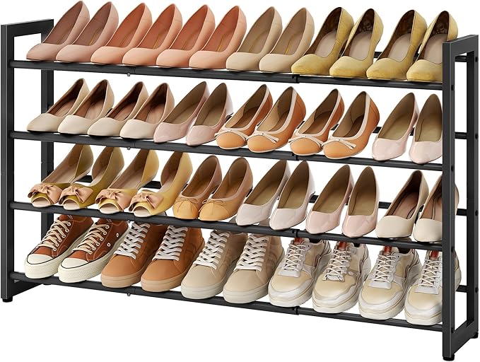 FAVOOSTY 4-Tier Expandable Shoe Rack, Adjustable Shoe Shelf Storage Organizer Space Saving Metal Free Standing Shoe Rack for 