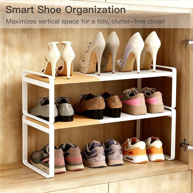 Expandable Cabinet Shelf Organizer & Spice Rack, Stackable Kitchen Counter Riser with Anti-Slip Legs, Bamboo Cupboard Storage