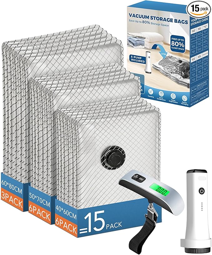 15 Pack Vacuum seal Bags for Clothing Travel with -60000Pa Electric Pump & Luggage Scale, Travel Essentials for Suitcase, Spa