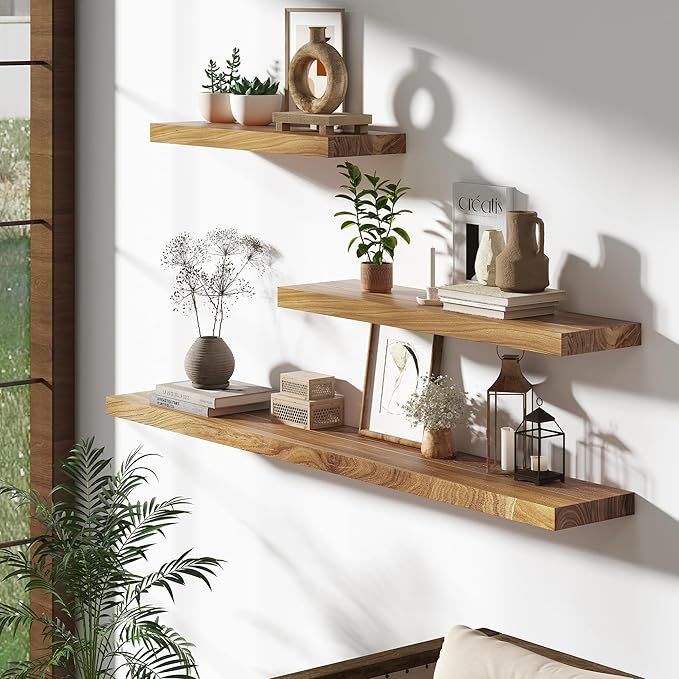 Dreamland 72 inch Floating Shelves for Wall Solid Elm Wood Wall Mounted Shelves|Rustic Long Floating Shelves with Invisible B