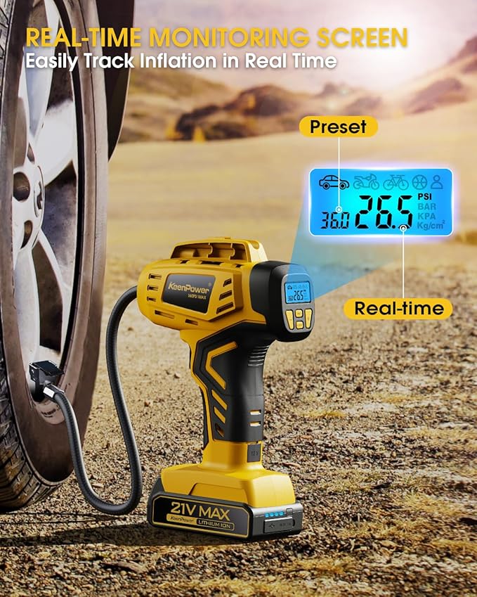 KeenPower Tire Inflator Portable Air Compressor - Super Fast - 21V Rechargeable Battery Powered Handheld 160PSI Tire Inflator, Dual Power Supply Modes, Portable Air Pump for Car Motorcycle E-Bike