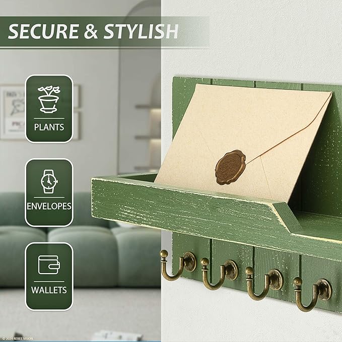 Farmhouse Pine Wood Key Holder Wall Mount - Key Holder for Wall with Floating Shelf Put Mail and Perfume - Rustic Key Hanger 