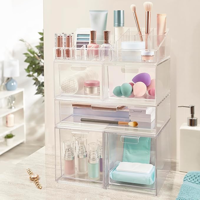 STORi Audrey Clear Vanity Makeup Organizer | 15-Compartment Holder for Brushes, Eyeshadow Palettes, & Beauty Supplies | Stack