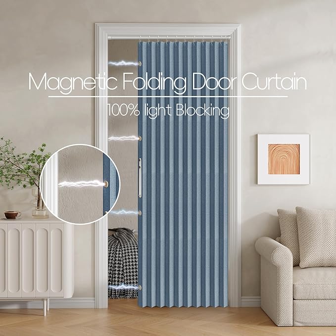Jilron 100% Blackout Fabric Folding Door Curtain with Magnetic Closure - Accordion Style for Sliding Doors, Closets,Wardrobe 