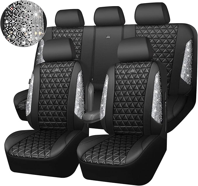 CAR PASS Bling Diamond Leather Car Seat Covers Full Seats Interior Sets, Waterproof Shining Glitter Sparkly Crystal Universal