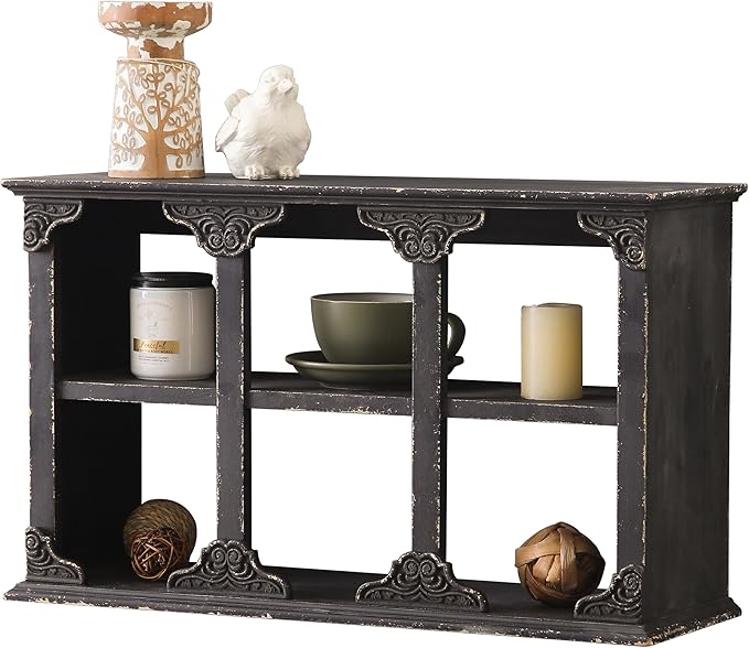 SOFE Distressed Black Floating Shelf with Carved Accents, 3-Tier Wall Shelving Unit, 24 Inch Long Farmhouse Decorative Wooden