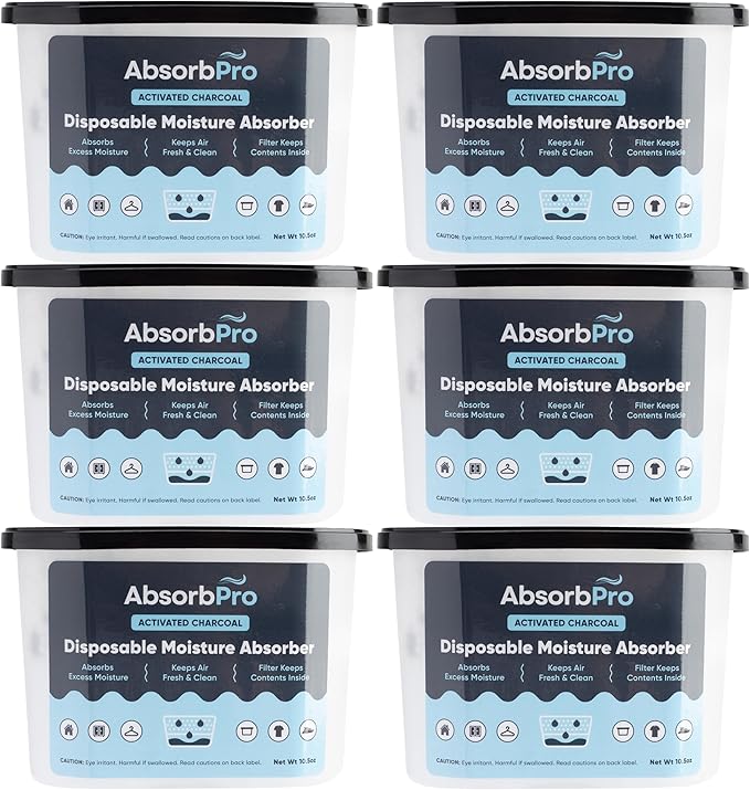 Moisture Absorber Tub with Activated Charcoal - 6-Pack - 10.5 oz Disposable Odor Eliminator Box & Dehumidifier for Garage,