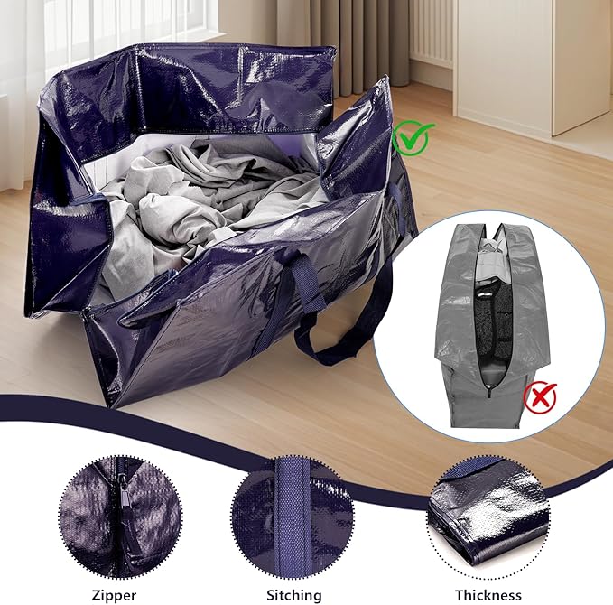 12 Pack Moving Bags with Full-Open Side Zipper, Extra Large 93L Heavy Duty Waterproof Foldable Storage Totes for College