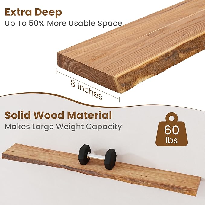 Floating Shelves for Wall Decor, Rustic Solid Elm Wood Live Edge Floating Shelves Wall Mounted, Wall Shelves with Invisible B