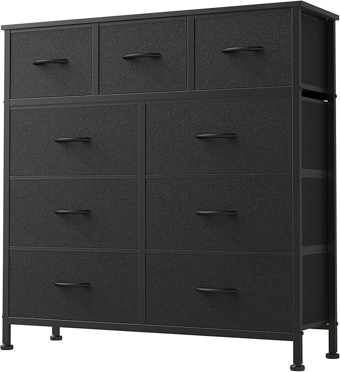 DUMOS 9 Drawer Dresser for Bedroom, Fabric Storage Organizer with Sturdy Metal Frame, Wooden Top Chest of Drawers for Closet 