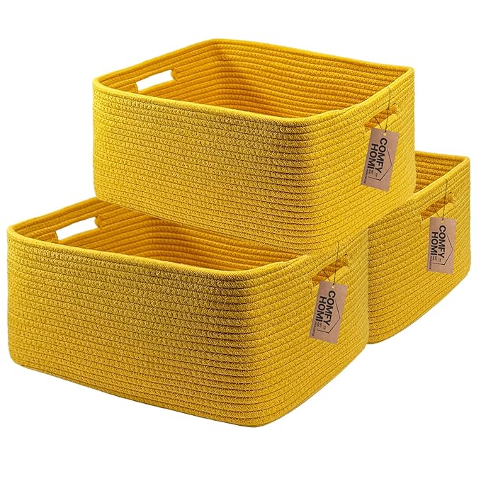 COMFY-HOMI 3 pcs Large Storage Baskets for Shelves, Laundry Basket, Woven Rope Basket, Closet Organizer Bins for Clothes Blan