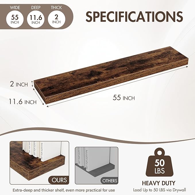 55 Inch Floating Shelves, 12" Deep Floating Shelf Wall Mounted, 55" Wall Shelves, Rustic Deep Bookshelf, Extra Deeper & Thick