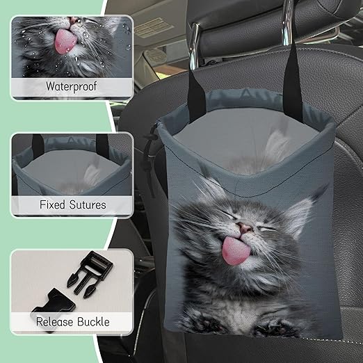 Adorable Cat Car Garbage Bag,Kitten Yawning Waterproof Small Car Trash Bag Hanging Back of Seat,Drawstring Hanging Car Trash Bag with Adjustable Buckle for Car Accessories