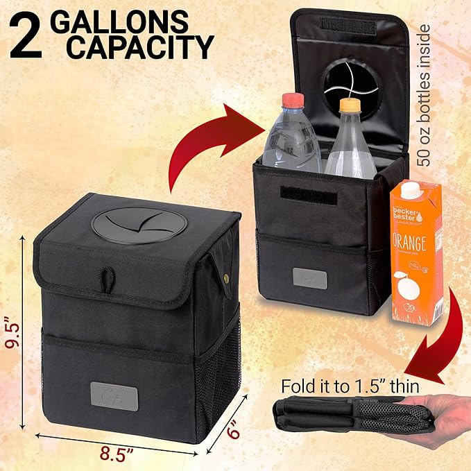 Creathing Car Trash Can [Touring Edition] - Removable Liner - 100% Leakproof, Odor Control Lid, Hanging Garbage Bin for SUV, Truck, Car (2 Gal, Black)