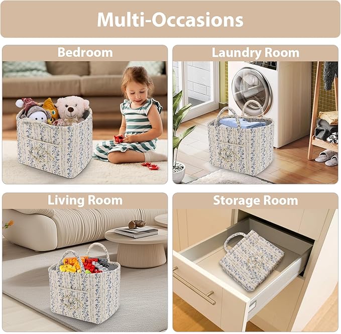 Storage Basket Boho Fabric Large Collapsible Floral Laundry Nursery Hamper Portable Folding Storage for Clothes Toys (Vine-Bl