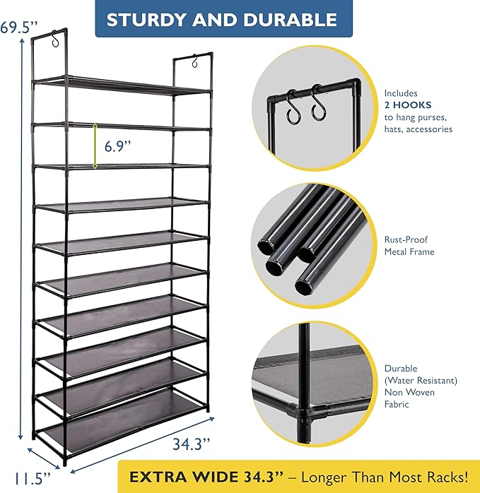 Sundaze Shoe Rack - 10 Tier Shoe Rack for Front Door Entrance, Sturdy Tall Shoe Organizer for Closet, Bedroom, Entryway, Gara
