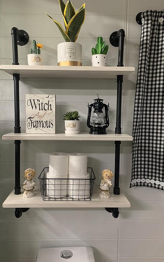 White Floating Shelves 24 inch Pipe Wall Shelves Bathroom Shelves Over Toilet with Wood Planks Industrial Pipe Floating Shelv