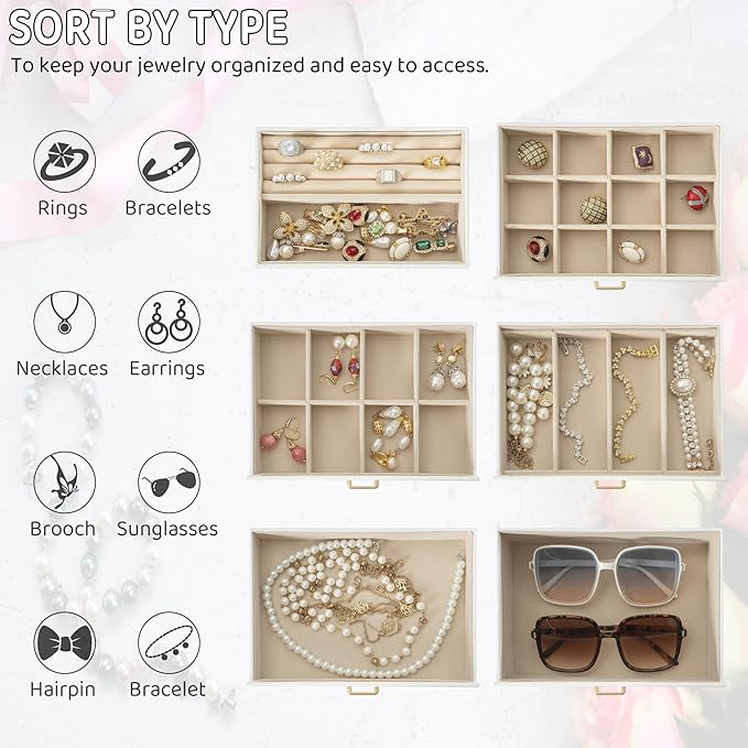 AKOZLIN Large 6-Tier Jewelry Box Lockable Leather Jewelry Storage Case with 5 Drawers for Women Girls Ring Necklace Earring B