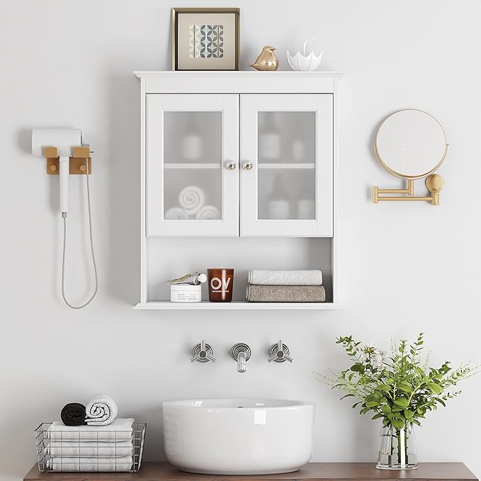 Spirich Bathroom Cabinet Wall Mounted, Medicine Cabinet Organizer with Glass Doors and Adjustable Shelves, Bathroom Wall Cabi