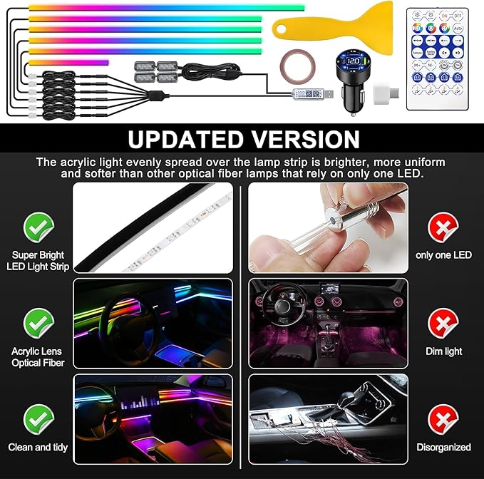 Dreamcolor Acrylic Interior Car LED Strip Light with USB/Type C/4-Port Cigarette Lighter, RGB 10 in 1 with 179.2 inches 650 LEDs Ambient Lighting Kits, Sound Active Function Neon Led Strips for Car