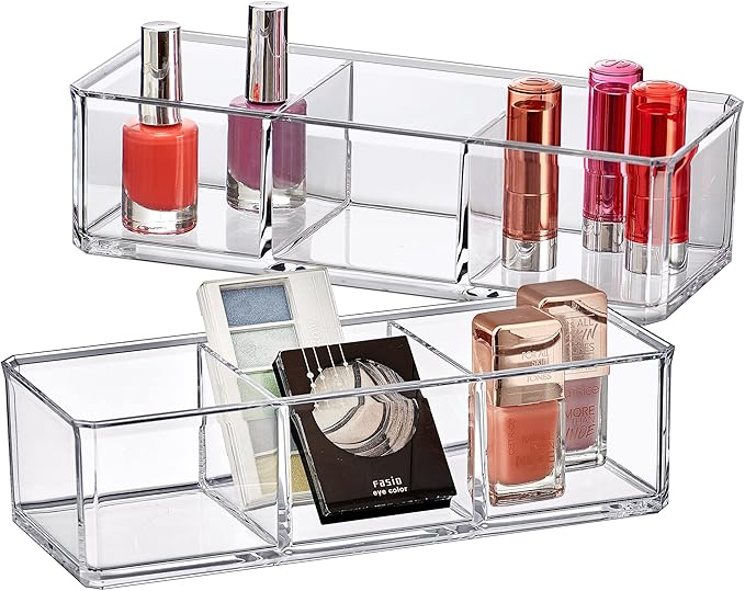 Amazing Abby - Glamour - 2-Pack Acrylic 3-Compartment Makeup Organizer, Transparent Plastic Lipstick Holder, Perfect Bathroom