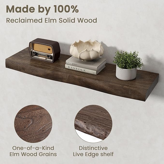 Fun Memories Floating Shelves for Wall Decor Set of 2-32 Inch Solid Elm Wood Live Edge - Rustic Walnut Wall Shelves with Invi