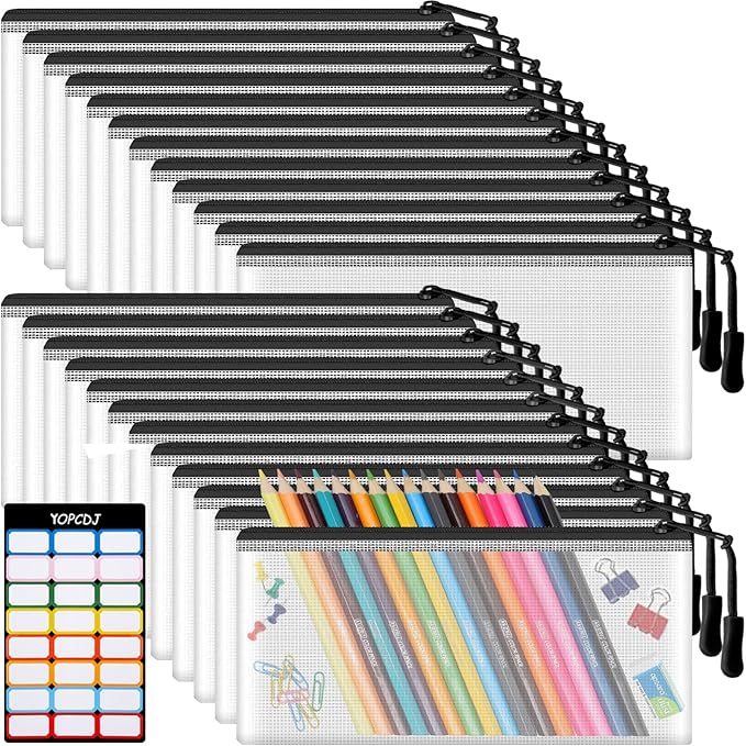 24pcs Mesh Zipper Pouch Bags 9.3 x 4.7 Inches, Black Small Clear Pouches Bulk, Travel Cosmetics Organization, Classroom and O
