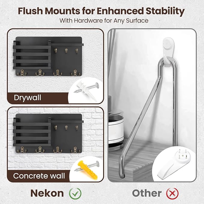 Nekon Mail Holder for Wall Mail Organizer with Key Hooks Hallway Farmhouse Decor Storage Racks with Floating Shelf and Flush 