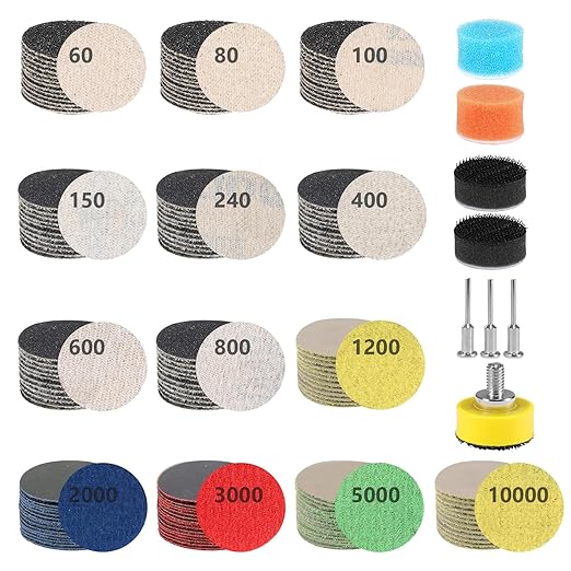203 PCS 1 Inch Sanding Disc,Hook and Loop 60 to 10000 Wet Dry Sandpaper with 1/8" Shank,Backing Pad,Foam Buffering Pad,Foam S