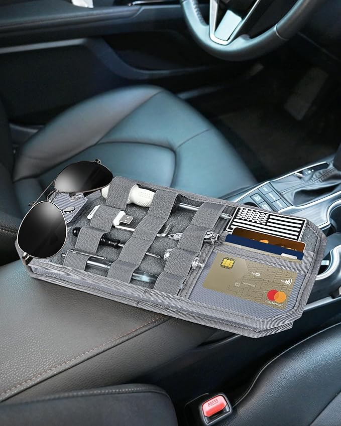 Heavy Duty Molle Car Sun Visor Organizer Tactical Pounch with Flag and Glasses Clip Store Your Daily Items for Most Cars, Trucks, SUVs, Compacts, 12.8"x6.9"x1.2" (Gray)