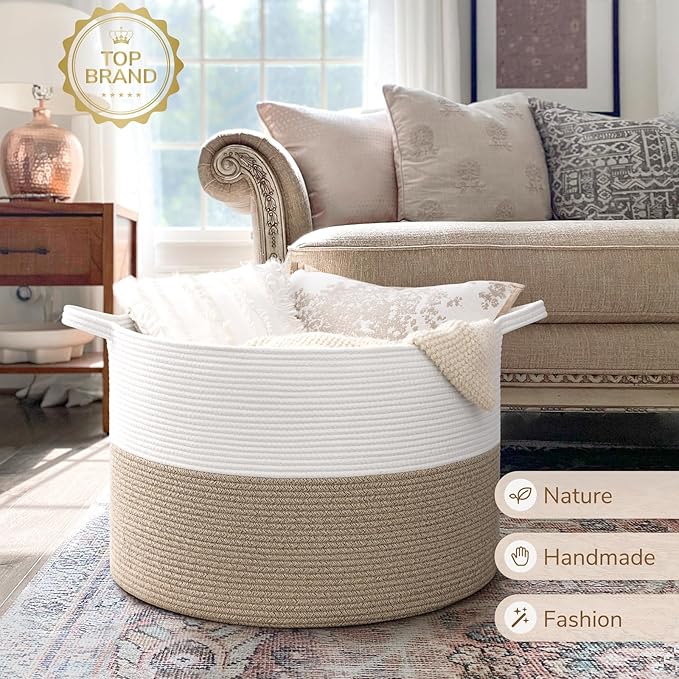 INDRESSME 115L Extra Large Blanket Basket, Soft Cotton Rope Storage Baskets for Organizing Living Room Décor Toy Storage for 