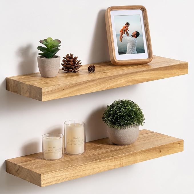 fuqing Floating Shelves for Wall, 20 inch Rustic Solid Elm Wood Floating Shelves, Wooden Wall Shelves with Invisible Heavy Du