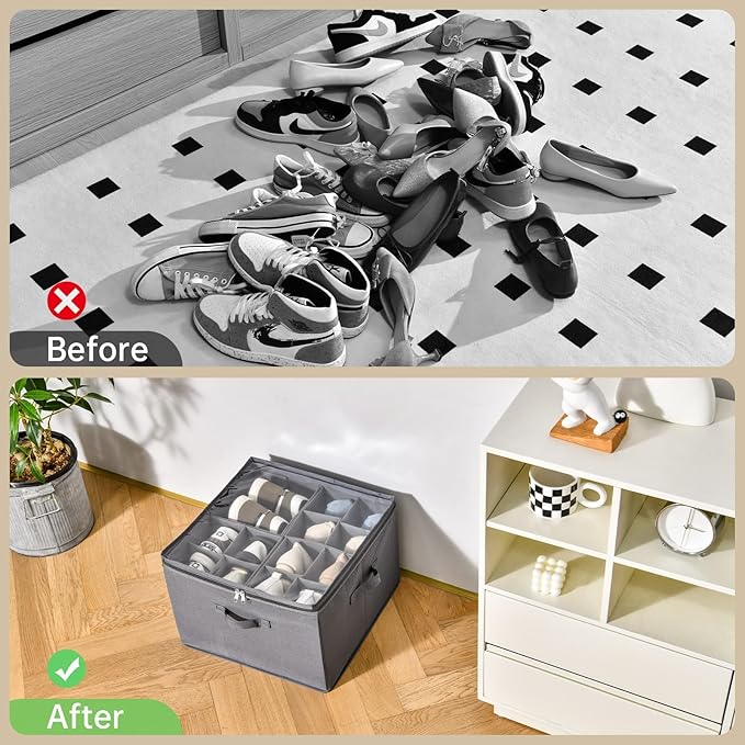 INSTY 2 Pack Shoe Organizer for Closet,Fits up to 32 Pairs,Adjustable Dividers for Shoe Storage,Fabric Shoe Storage Bins with