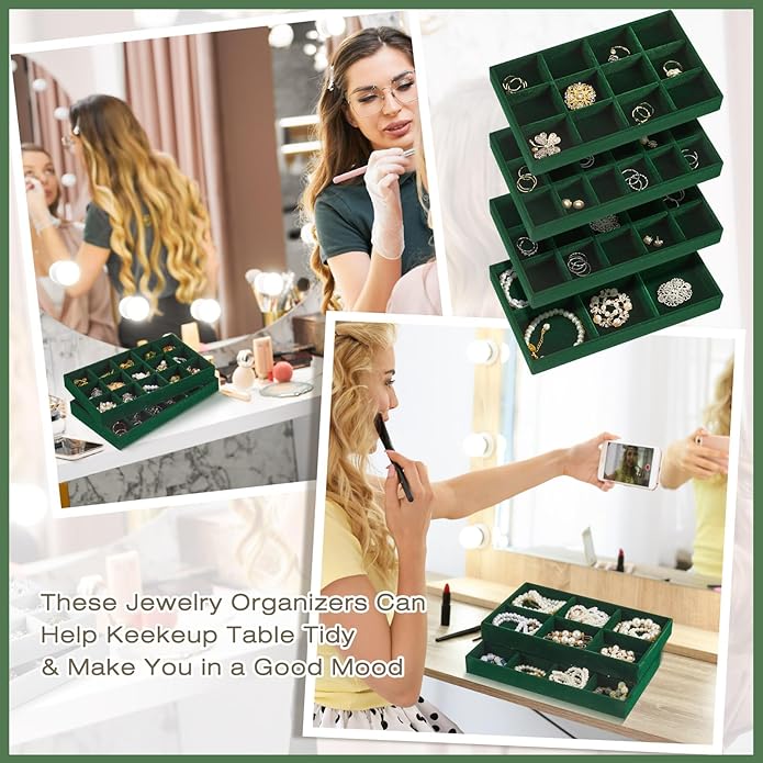 Junkin 12 Pcs Jewelry Tray Velvet Stackable Jewelry Organizer Trays Divided Earring Accessories Storage Containers Box (Rose 
