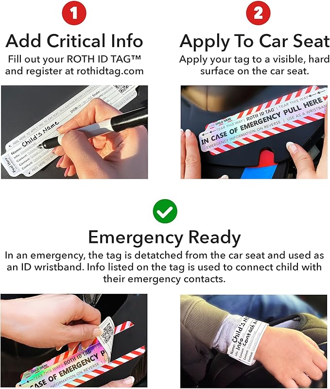 Emergency Contact Identification System for Car Seats, Booster Seats, Baby Gear | Mega ROTH ID TAG Kit (10 Tags)