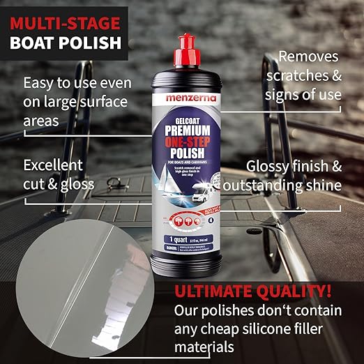 menzerna Premium One Step Gelcoat Polish 32oz I Marine Compound to Remove Scratches & to Provide a Glossy Finish I Boat & Caravan Polish I Heavy & Medium Cut + Finish All in one