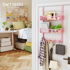 SWTYMIKI Over The Door Hooks Organizer - Multi-Functional Door Hanger with 16 Hooks & 2 Mesh Baskets, Long Coat Rack for Bath