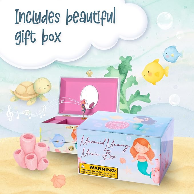 The Memory Building Co Mermaid Musical Jewelry Box Plays Classic Melody, Storage Organizer Music Box for Kids Ages 6-12, MDF 