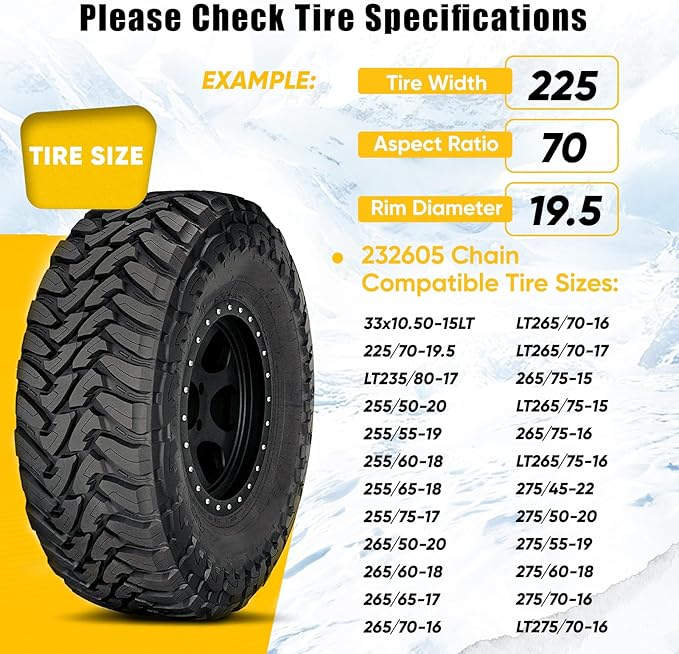 232605 Adjustable Snow Tire Chains for Light Truck, SUV, Cars, Pickups, 2 Pack Anti-slip Snow Chains for Pickup Trucks Winter