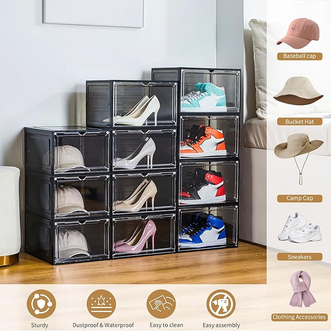 Attelite Upgrade Harder Solid Plastic Hat Organizer for Baseball Caps, 8 Pack Stackable Hat Storage Box with Clear Magnetic D