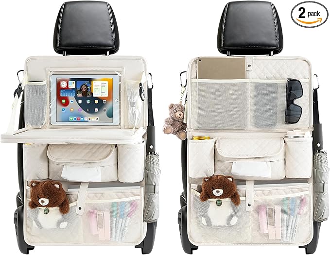 Car Backseat Organizers 2 Pack with Foldable Trays - PU Leather Back Seat Organizers with 11 Storage Pockets, Tablet Holders, Seat Back Protectors for Kids Family Travel Accessories (Beige)