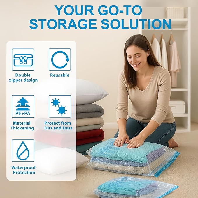 Vacuum Seal Bags for Clothing Travel, 12 Pack Vacuum Storage Bags for Clothes with Portable Electric Pump, Space Saver Bags f