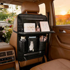 Car Back Seat Organizer, Black Woven Leather Storage Bag, Multifunctional Rear Seat Protector with Tablet Holder, 25.2x17.7 Inches, Abrasion Resistant (black)