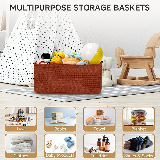 3-Pack Storage Baskets for Organizing | Woven Shelf Toy Basket | Rope Baskets for Gifts Empty | Closet Organizer Bins with Ha